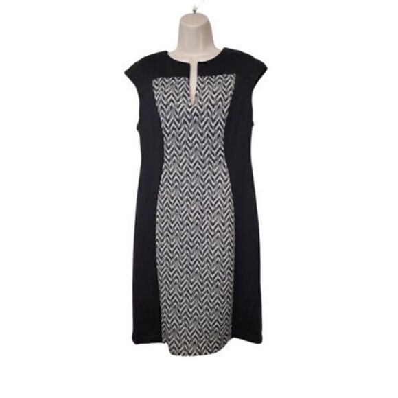 Connected Apparel Stretch Sheath Black/White Chevron Panel Dress 12 V-Ne… - Picture 1 of 7